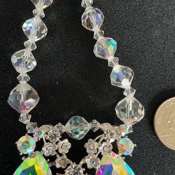 Handmade Aurora Borealis Crystal Waterfall Necklace – Vintage AB Beads, Reimagin - Picture 4 of 7